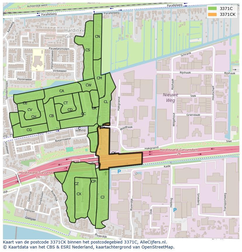 Afbeelding van het postcodegebied 3371 CK op de kaart.