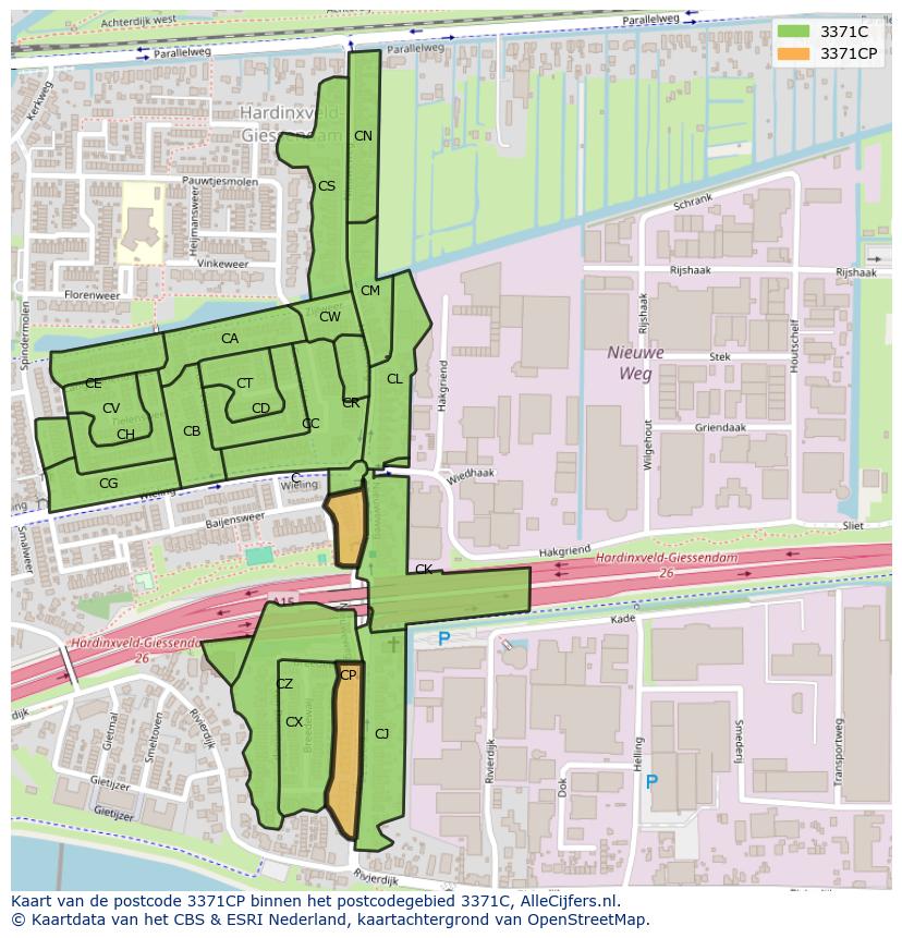 Afbeelding van het postcodegebied 3371 CP op de kaart.