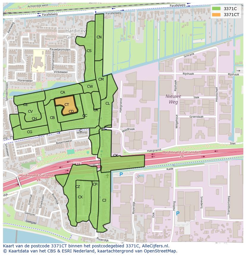 Afbeelding van het postcodegebied 3371 CT op de kaart.