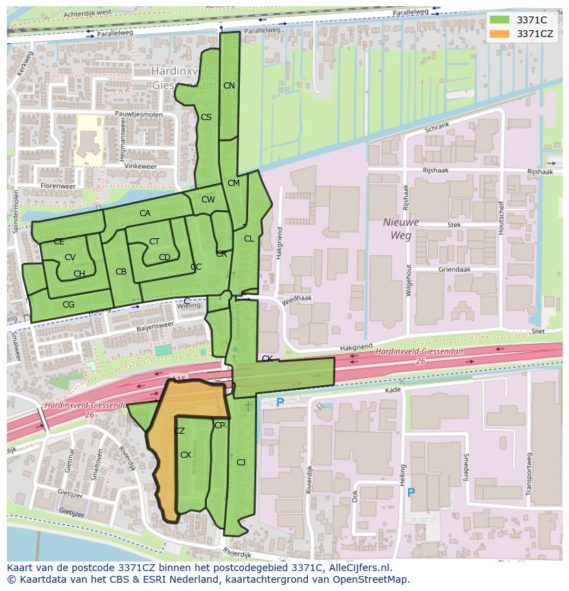 Afbeelding van het postcodegebied 3371 CZ op de kaart.