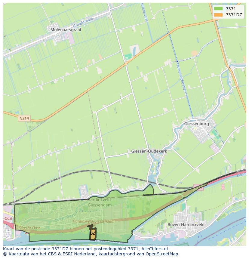 Afbeelding van het postcodegebied 3371 DZ op de kaart.