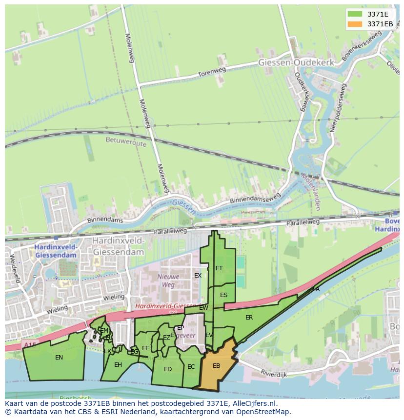 Afbeelding van het postcodegebied 3371 EB op de kaart.