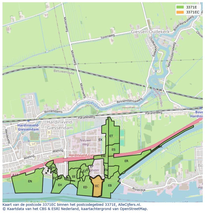 Afbeelding van het postcodegebied 3371 EC op de kaart.