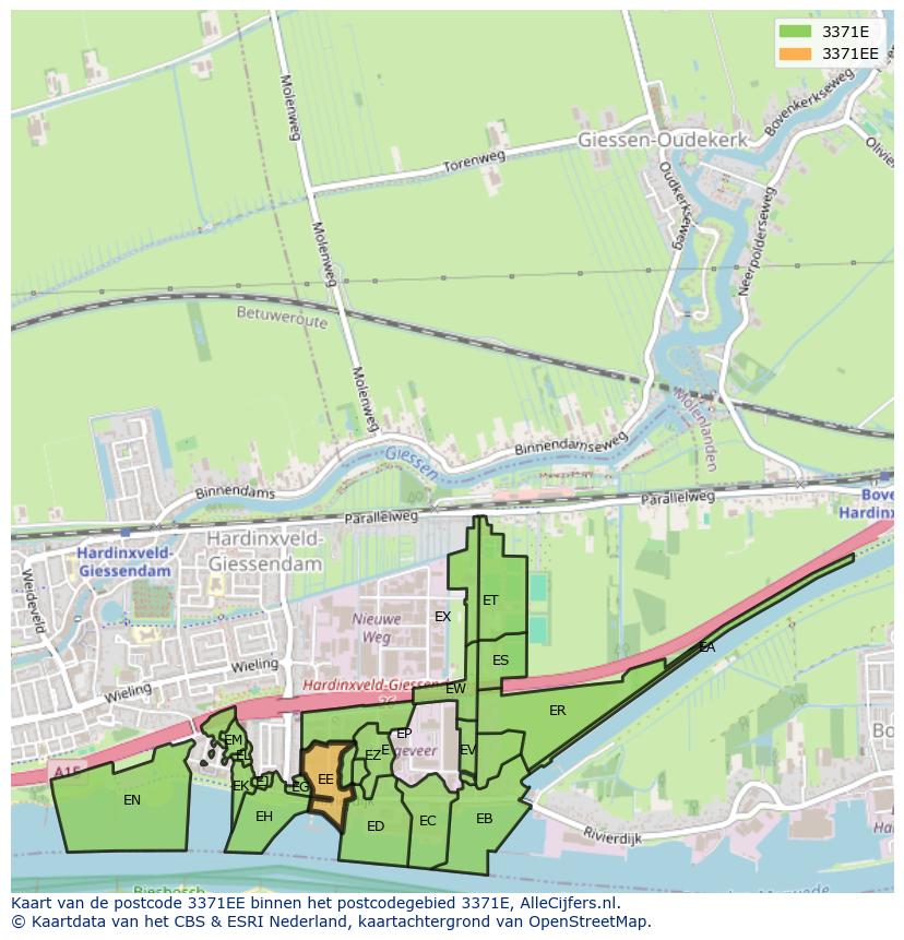 Afbeelding van het postcodegebied 3371 EE op de kaart.