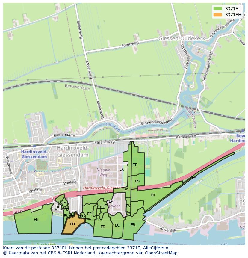 Afbeelding van het postcodegebied 3371 EH op de kaart.