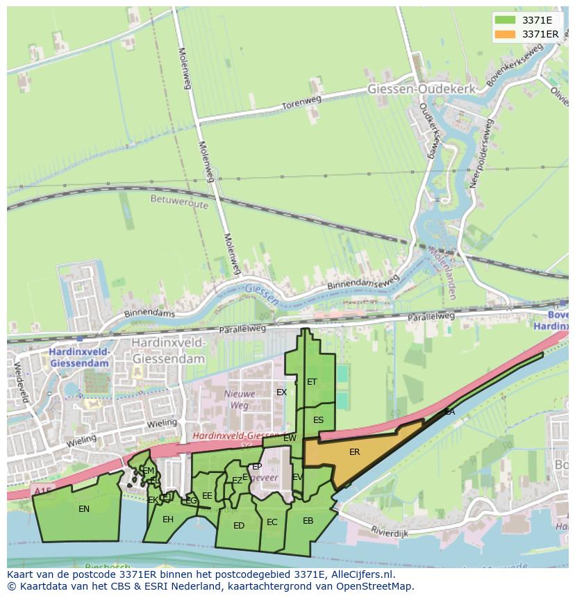 Afbeelding van het postcodegebied 3371 ER op de kaart.
