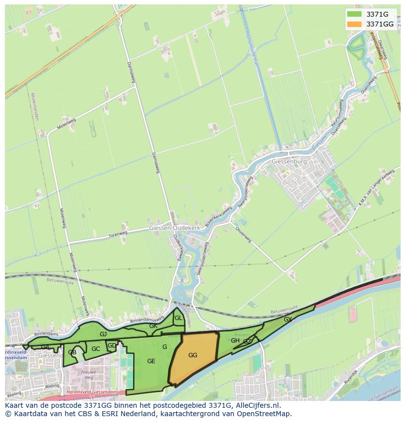 Afbeelding van het postcodegebied 3371 GG op de kaart.