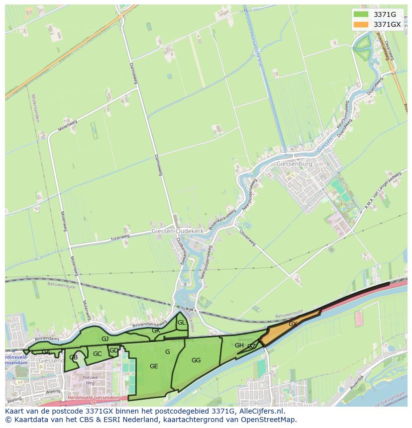 Afbeelding van het postcodegebied 3371 GX op de kaart.