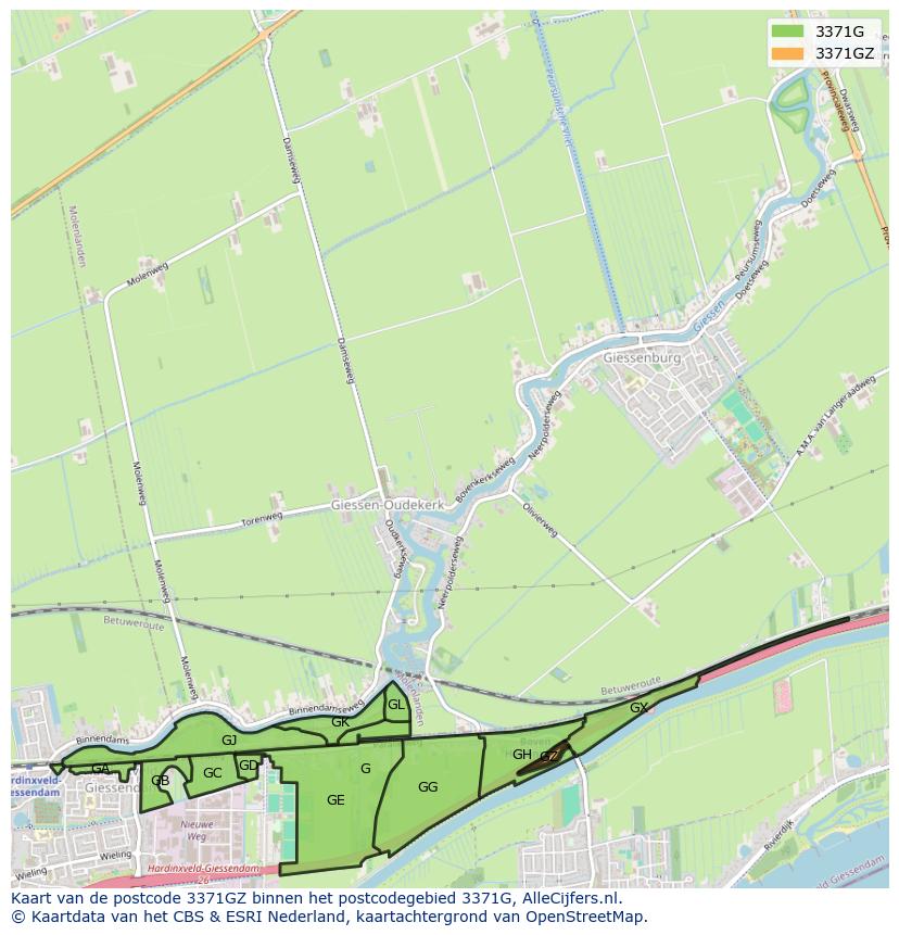 Afbeelding van het postcodegebied 3371 GZ op de kaart.