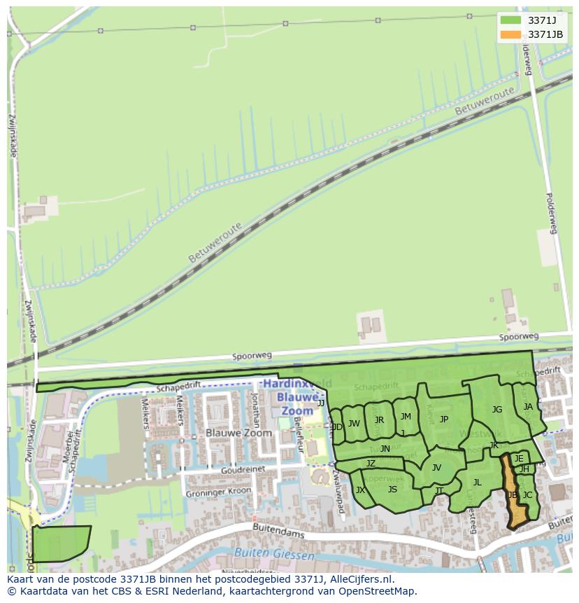 Afbeelding van het postcodegebied 3371 JB op de kaart.