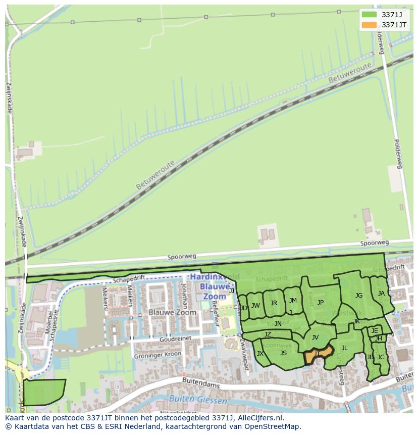 Afbeelding van het postcodegebied 3371 JT op de kaart.
