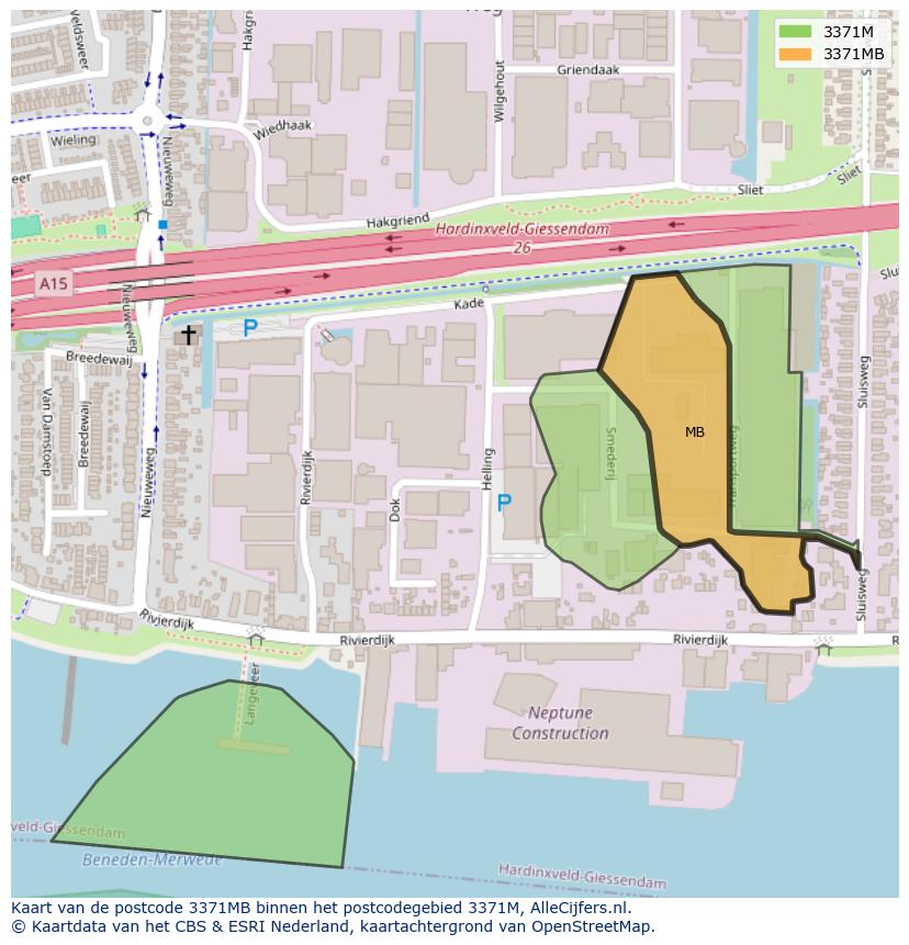 Afbeelding van het postcodegebied 3371 MB op de kaart.