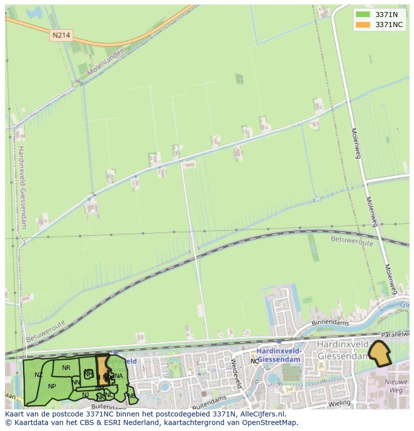 Afbeelding van het postcodegebied 3371 NC op de kaart.
