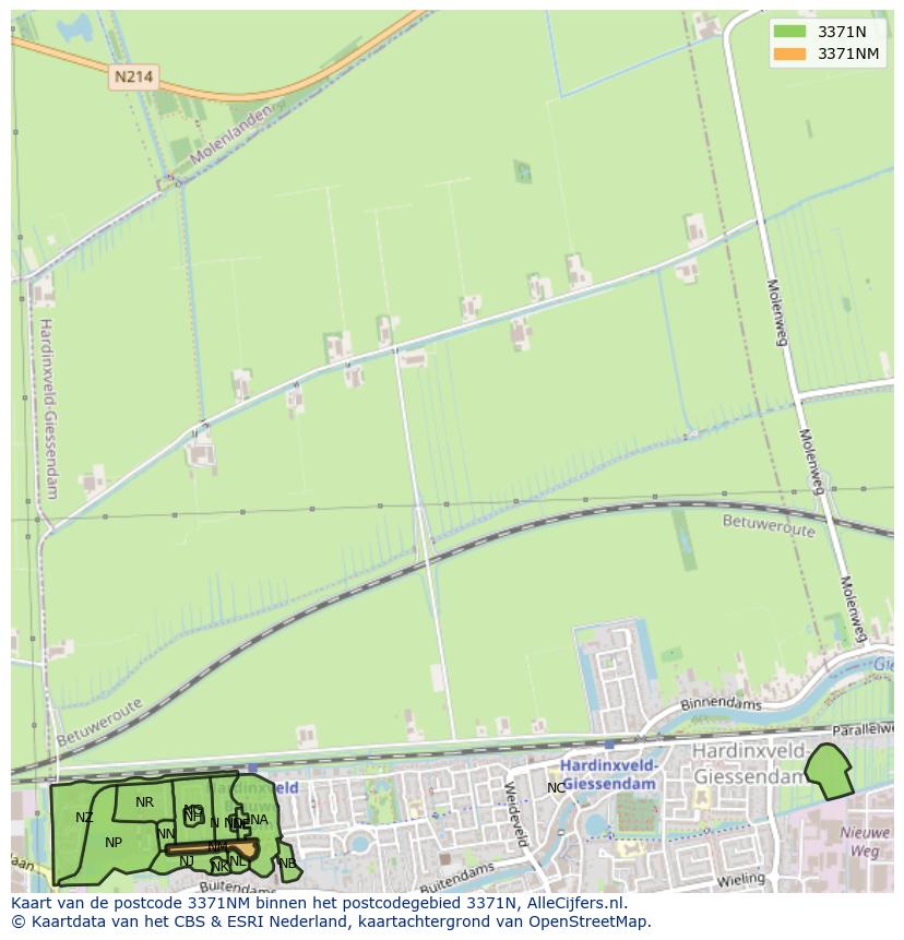Afbeelding van het postcodegebied 3371 NM op de kaart.