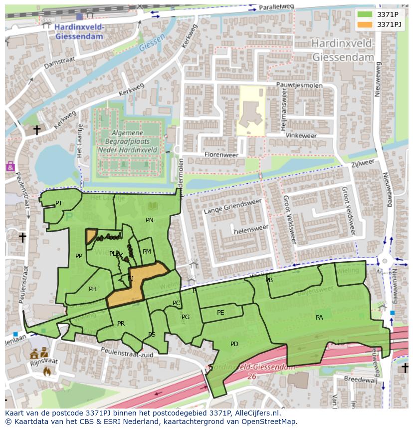 Afbeelding van het postcodegebied 3371 PJ op de kaart.