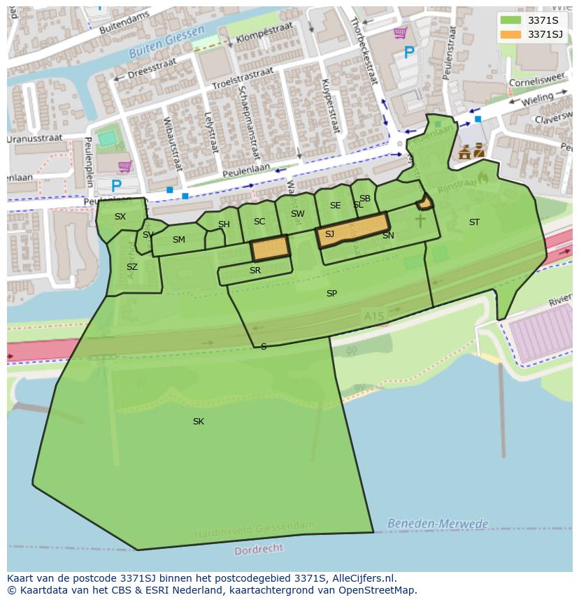 Afbeelding van het postcodegebied 3371 SJ op de kaart.