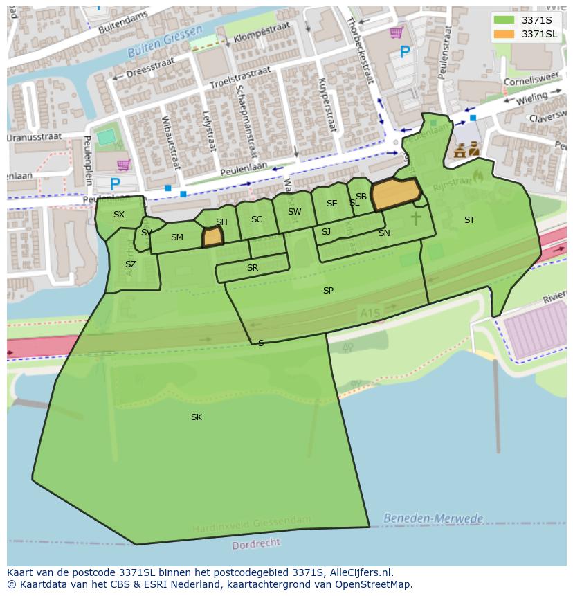 Afbeelding van het postcodegebied 3371 SL op de kaart.
