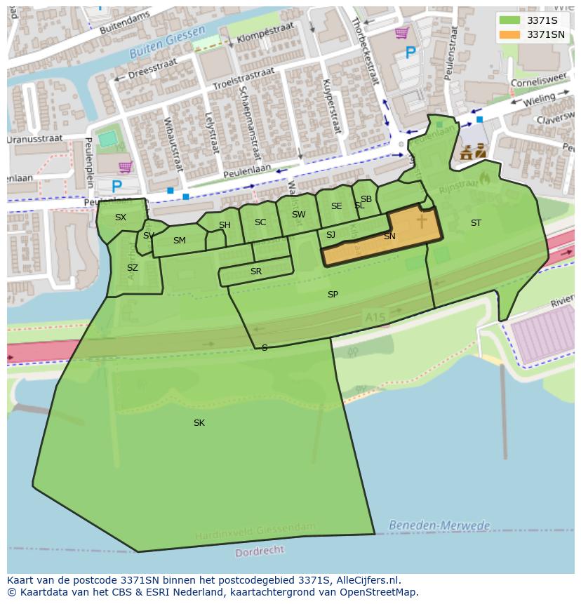 Afbeelding van het postcodegebied 3371 SN op de kaart.
