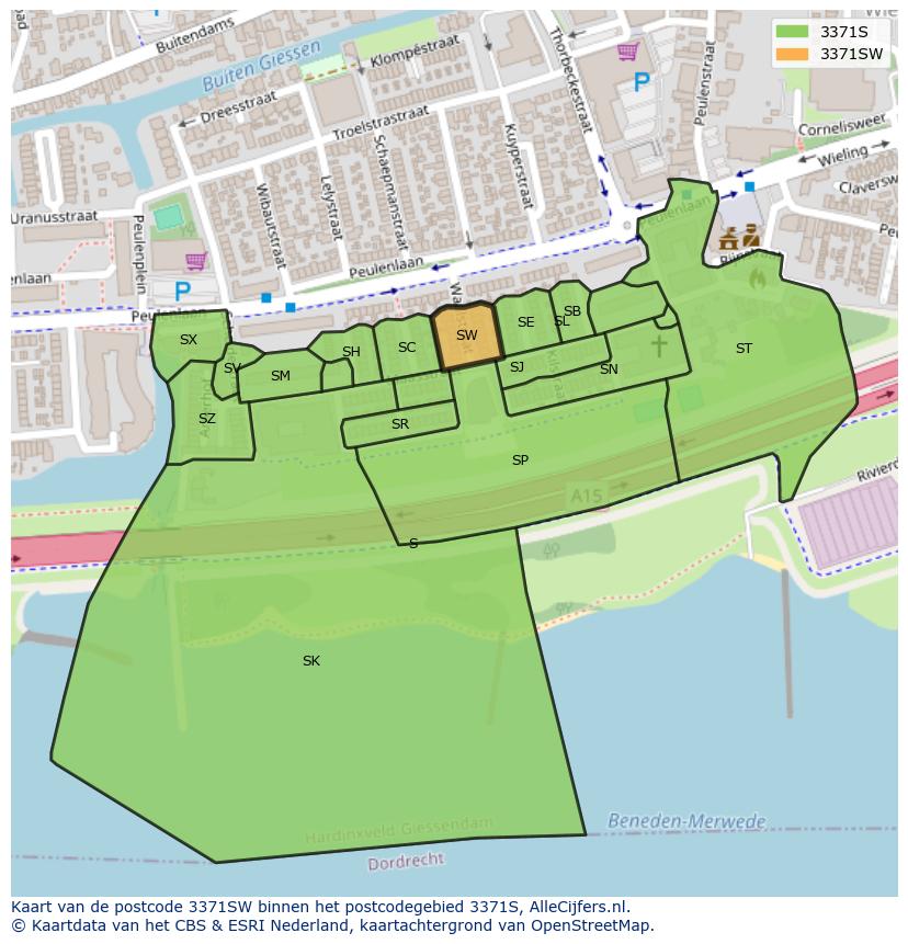 Afbeelding van het postcodegebied 3371 SW op de kaart.