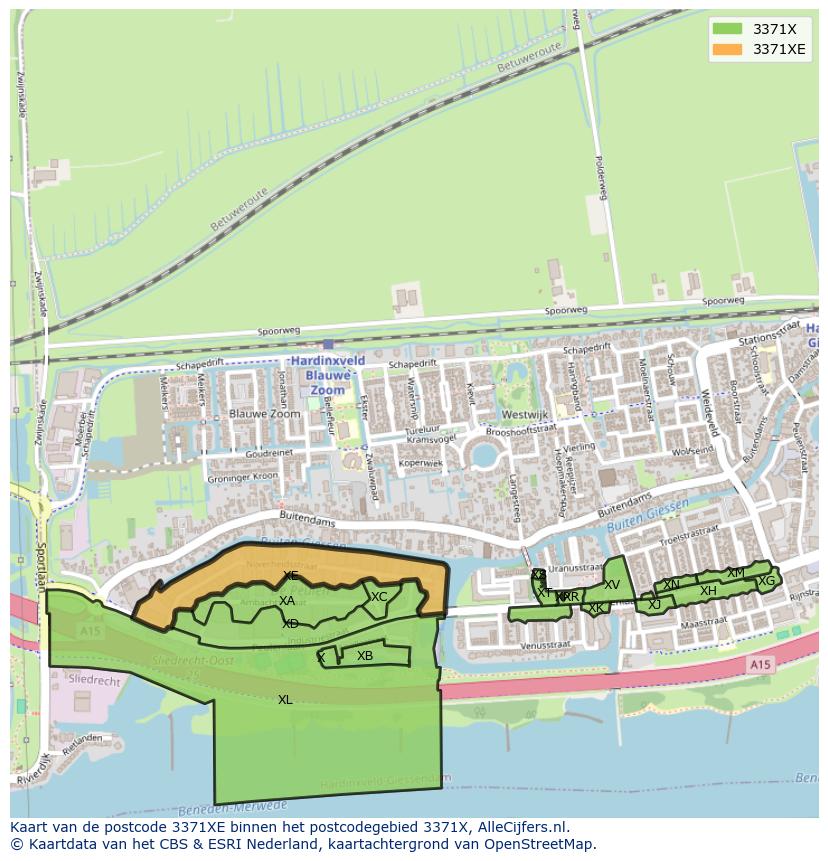 Afbeelding van het postcodegebied 3371 XE op de kaart.