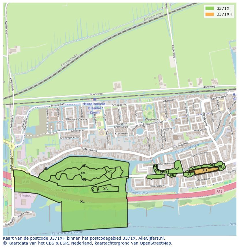 Afbeelding van het postcodegebied 3371 XH op de kaart.