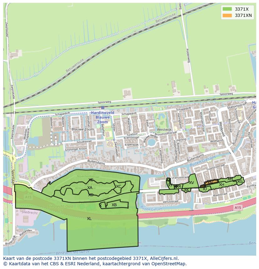 Afbeelding van het postcodegebied 3371 XN op de kaart.