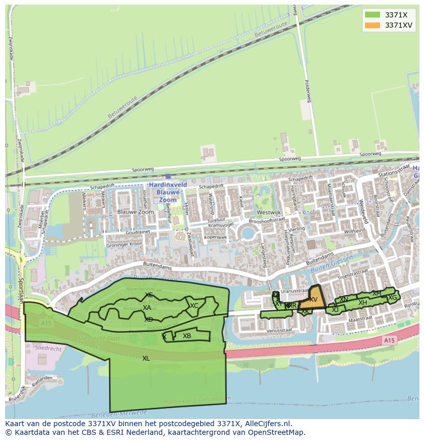 Afbeelding van het postcodegebied 3371 XV op de kaart.