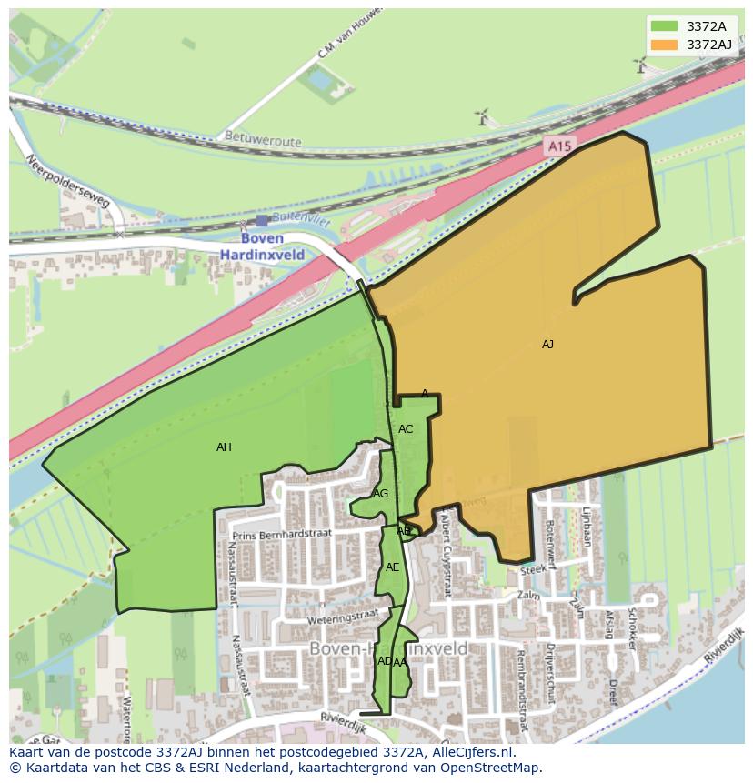 Afbeelding van het postcodegebied 3372 AJ op de kaart.