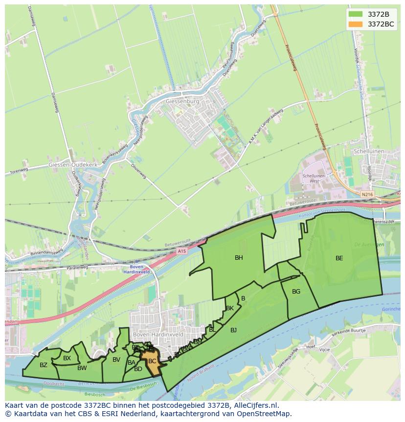 Afbeelding van het postcodegebied 3372 BC op de kaart.
