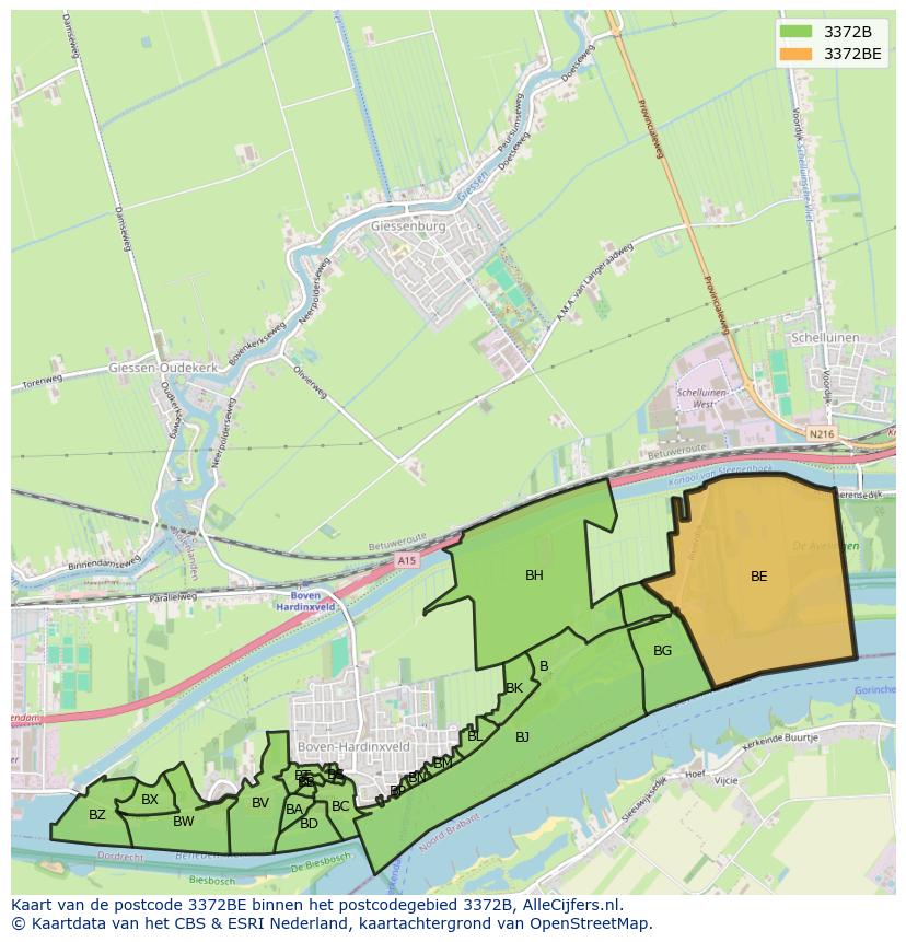Afbeelding van het postcodegebied 3372 BE op de kaart.