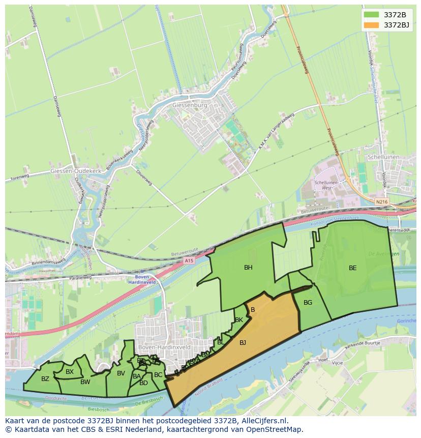 Afbeelding van het postcodegebied 3372 BJ op de kaart.