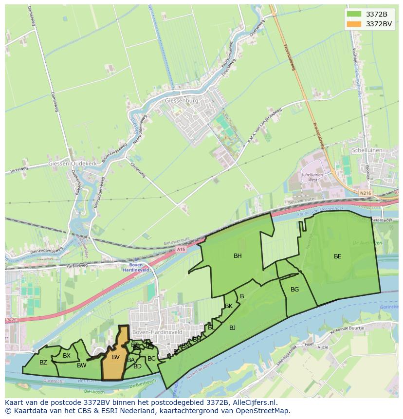 Afbeelding van het postcodegebied 3372 BV op de kaart.