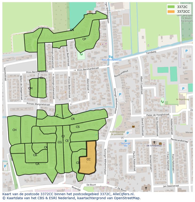 Afbeelding van het postcodegebied 3372 CC op de kaart.