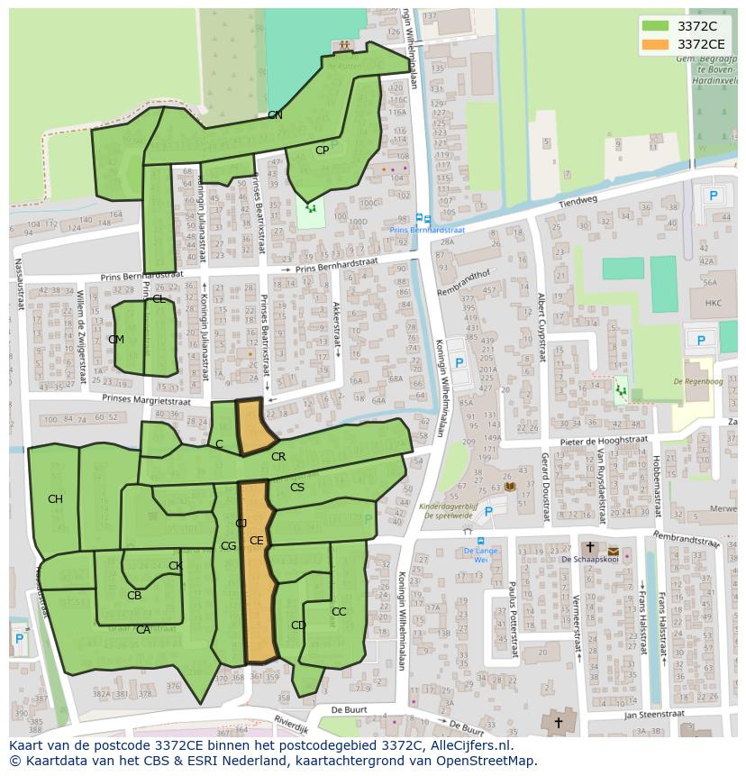 Afbeelding van het postcodegebied 3372 CE op de kaart.