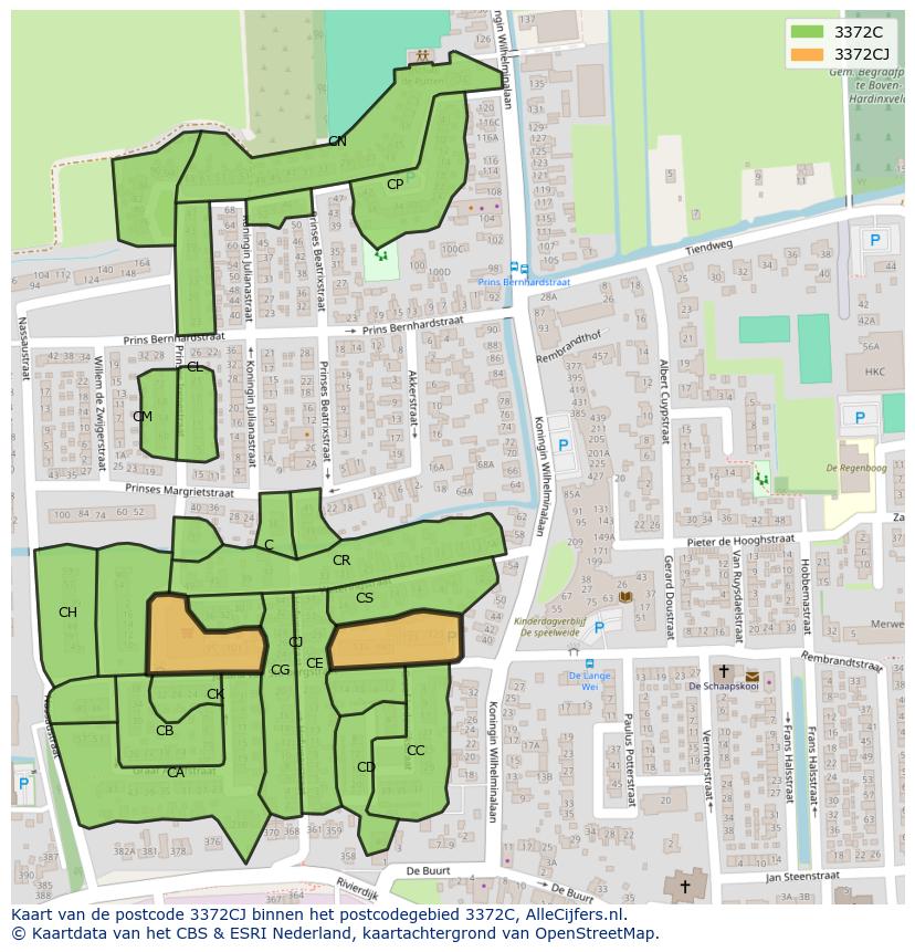 Afbeelding van het postcodegebied 3372 CJ op de kaart.