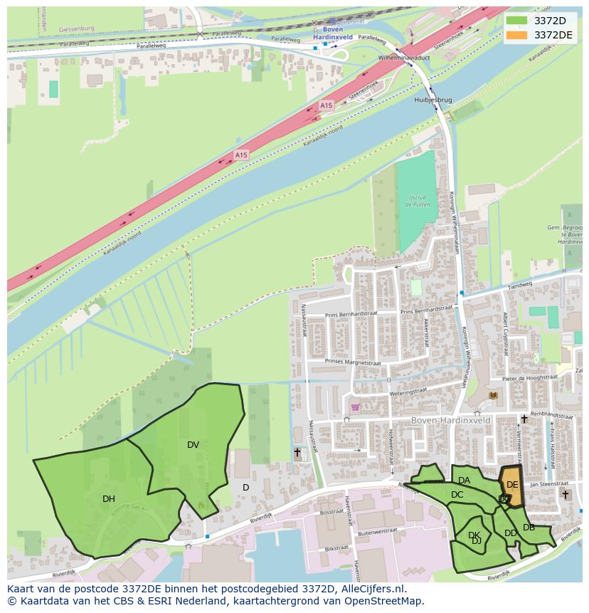 Afbeelding van het postcodegebied 3372 DE op de kaart.