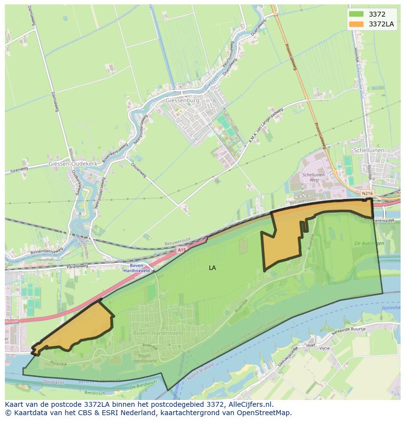 Afbeelding van het postcodegebied 3372 LA op de kaart.