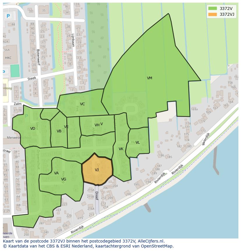 Afbeelding van het postcodegebied 3372 VJ op de kaart.