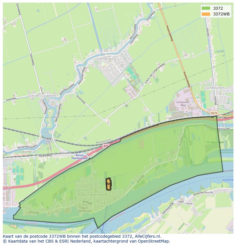 Afbeelding van het postcodegebied 3372 WB op de kaart.