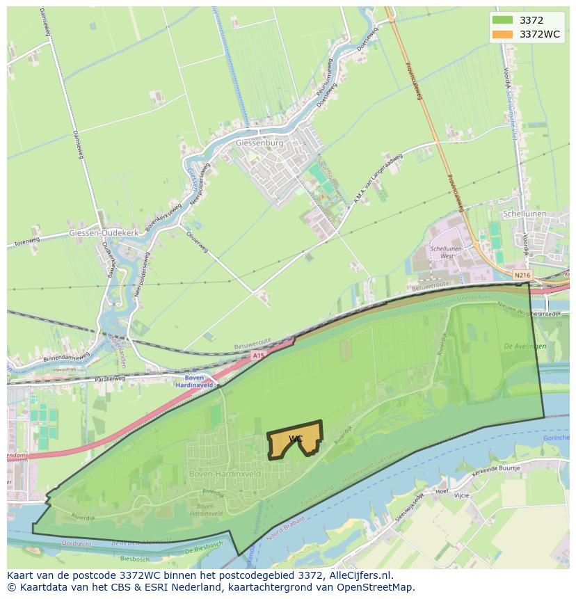 Afbeelding van het postcodegebied 3372 WC op de kaart.
