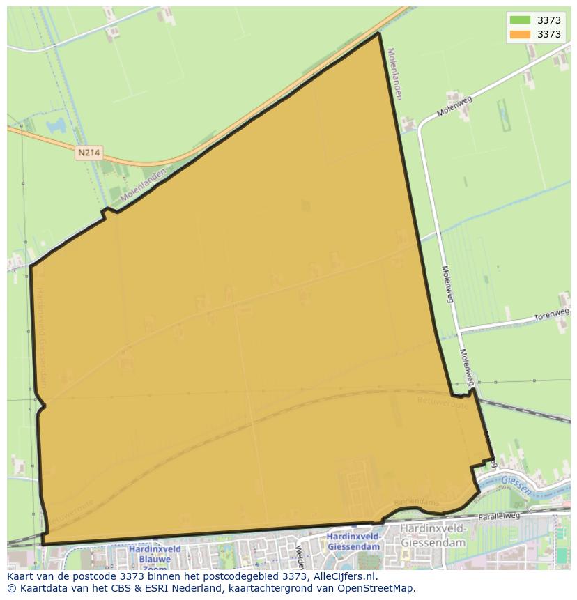 Afbeelding van het postcodegebied 3373 op de kaart.