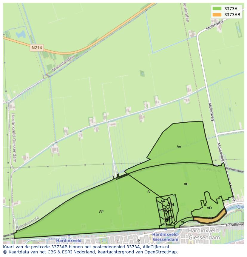 Afbeelding van het postcodegebied 3373 AB op de kaart.