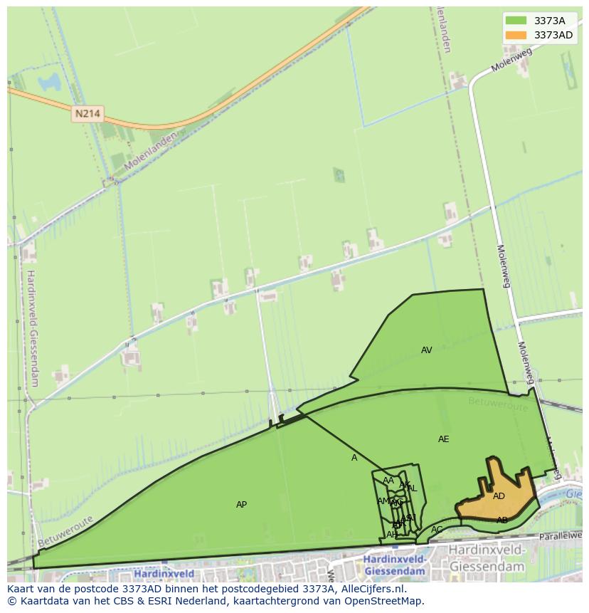 Afbeelding van het postcodegebied 3373 AD op de kaart.
