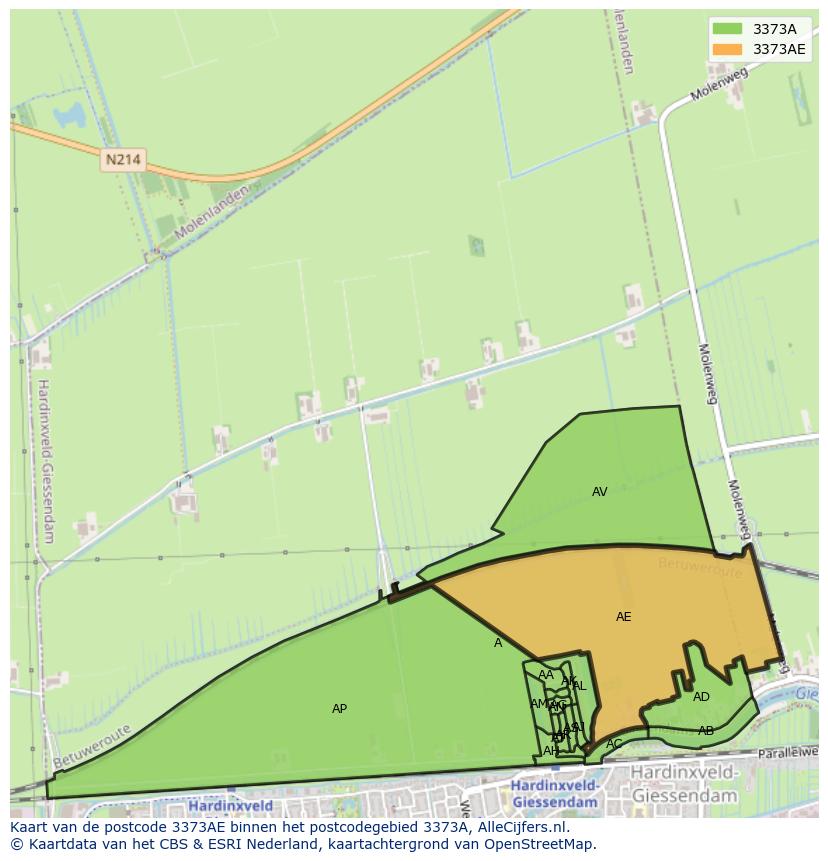 Afbeelding van het postcodegebied 3373 AE op de kaart.