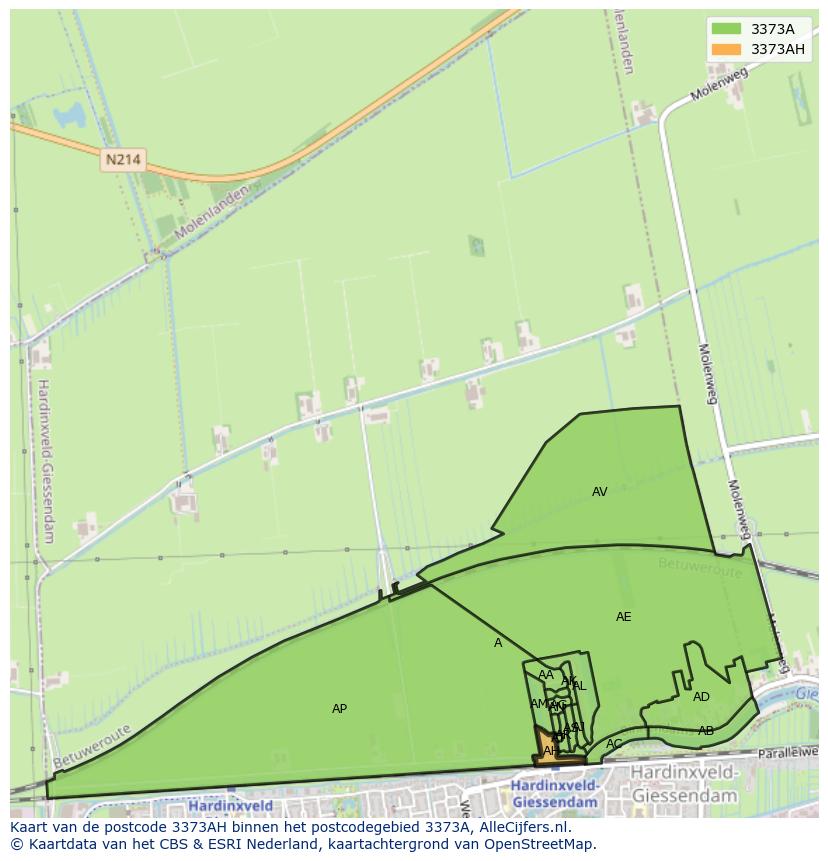 Afbeelding van het postcodegebied 3373 AH op de kaart.