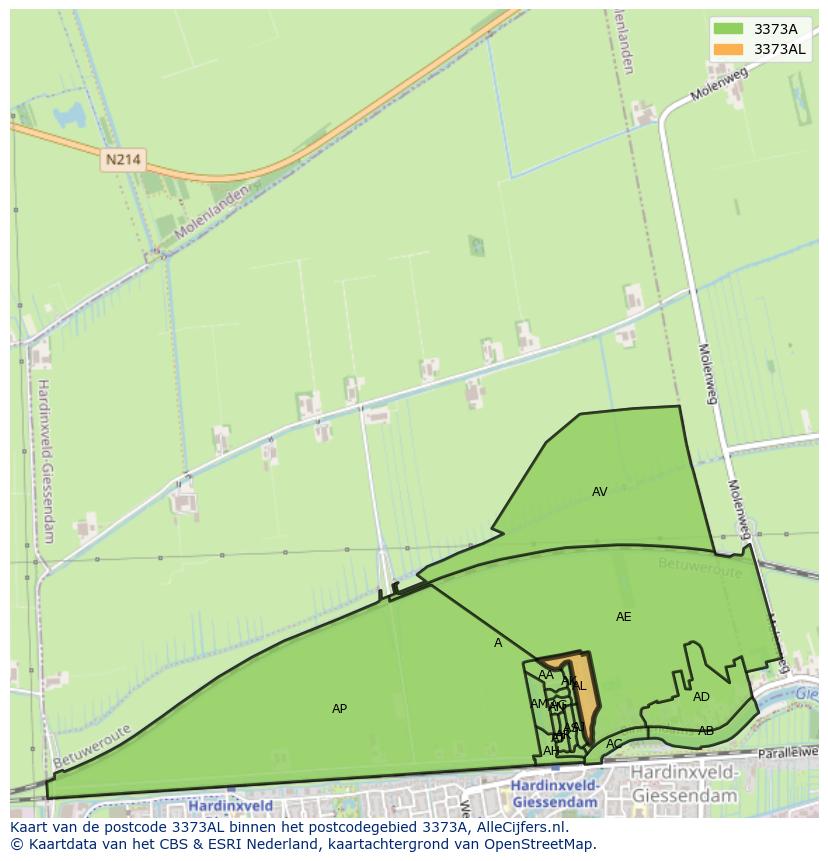 Afbeelding van het postcodegebied 3373 AL op de kaart.