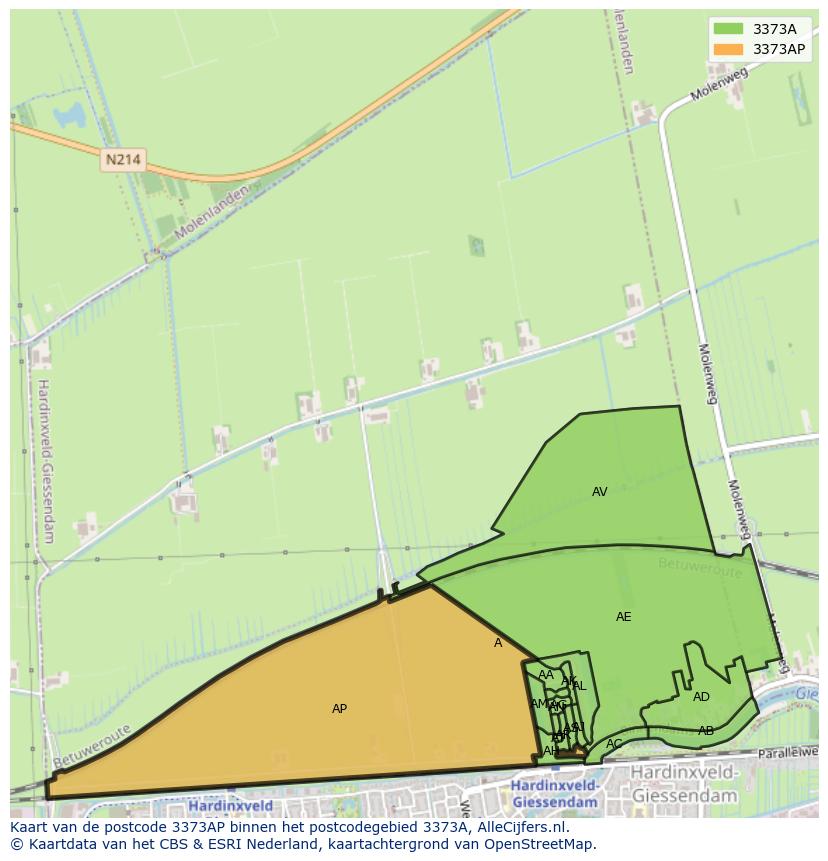 Afbeelding van het postcodegebied 3373 AP op de kaart.