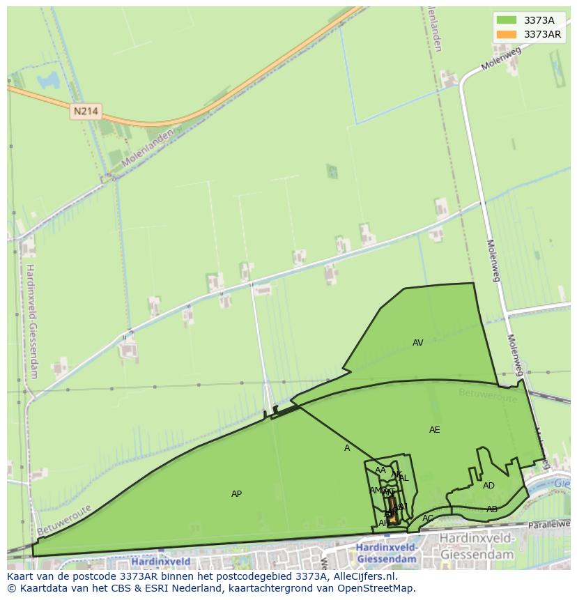 Afbeelding van het postcodegebied 3373 AR op de kaart.