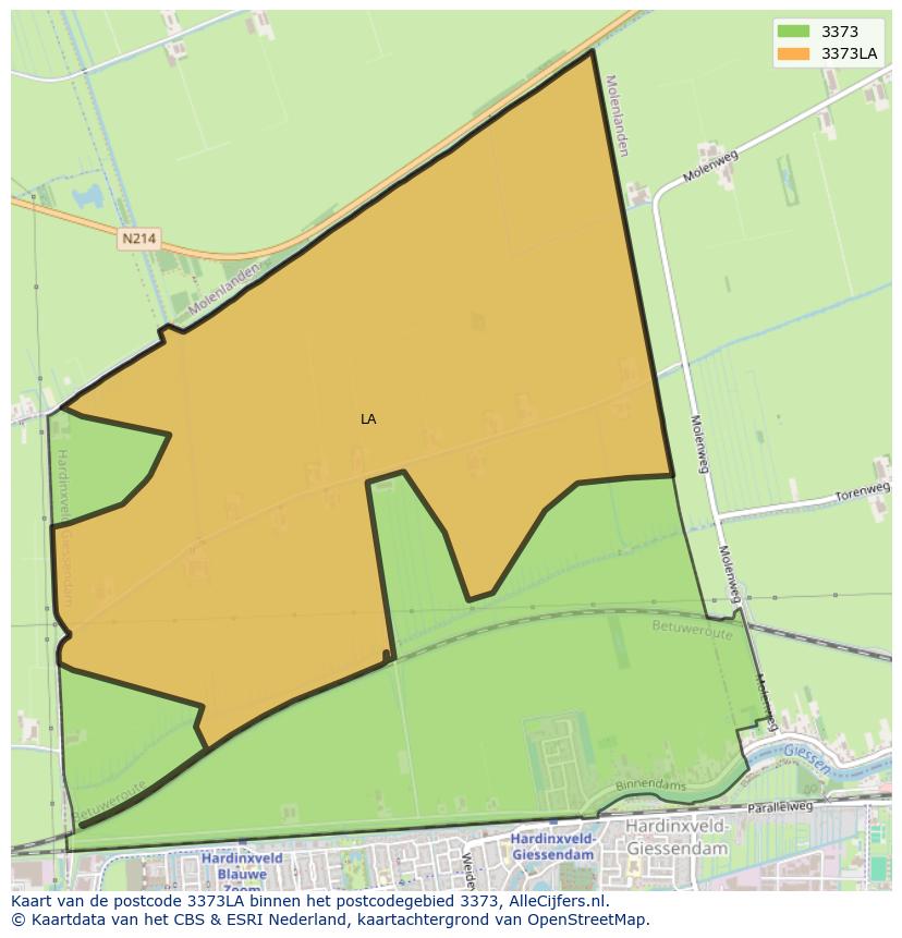 Afbeelding van het postcodegebied 3373 LA op de kaart.