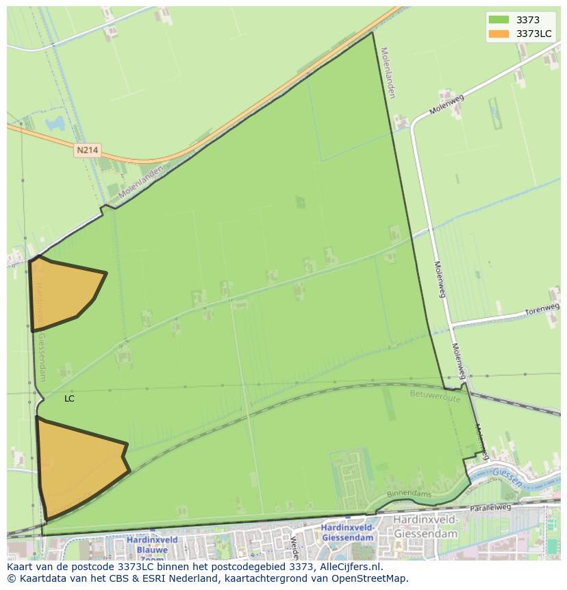 Afbeelding van het postcodegebied 3373 LC op de kaart.